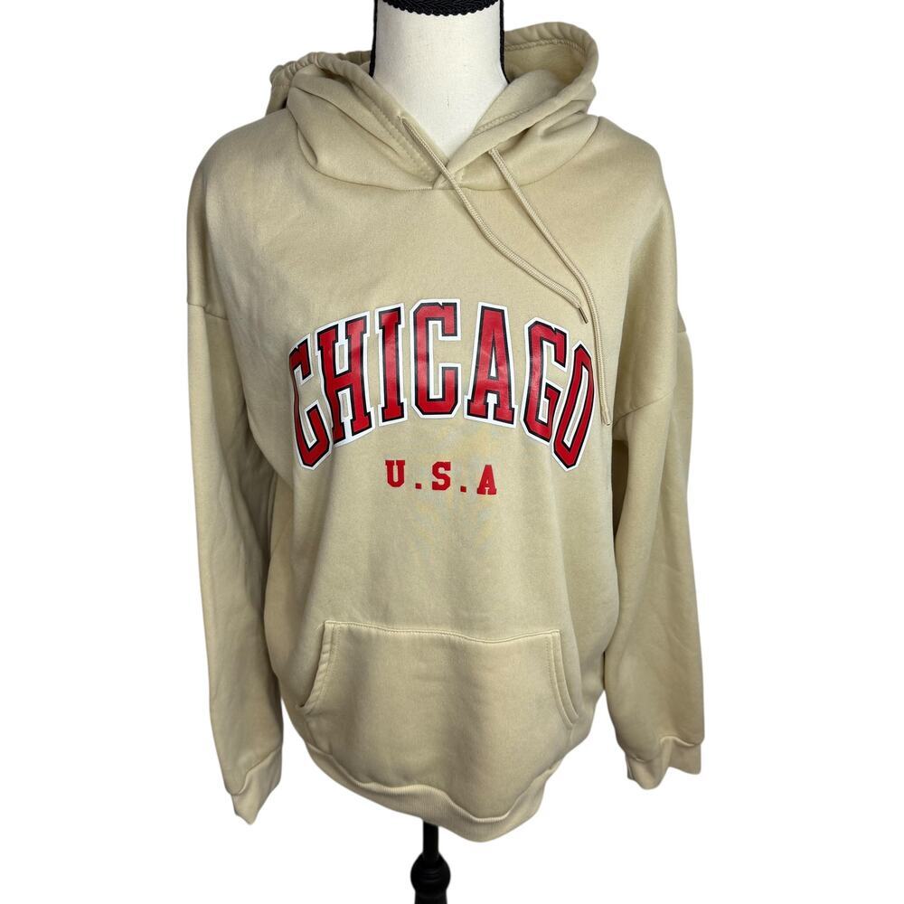 Chicago USA Oversized Hoodie Womens XL Cream Beige Graphic Pullover
